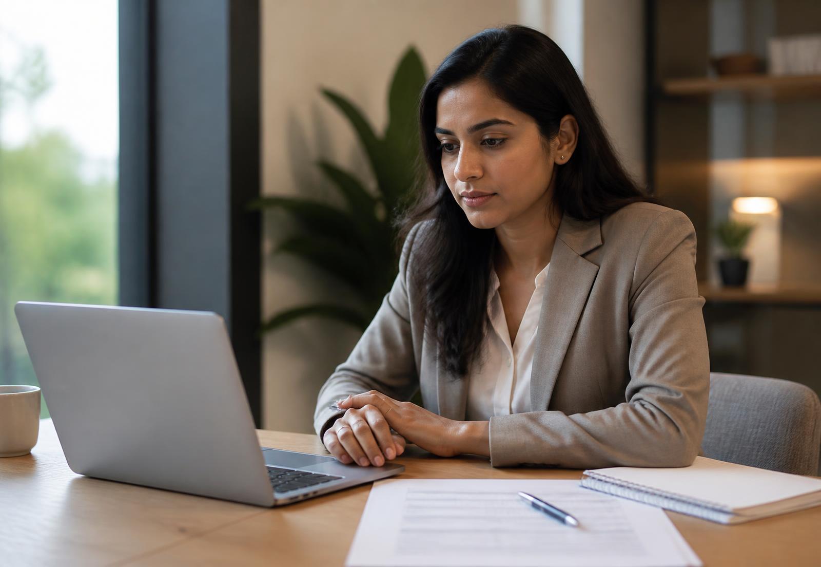 A candidate reviewing interview preparation notes at a desk in a calm office